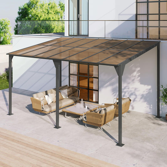 Wall-Mounted Gazebo 14.76*9.22 FT Outdoor Pergola Gazebo Awning Gazebo with Roof, Powder-Coated Iron Frame and with PC Roof Panels Outdoor Sloped Design Shelter for Deck, Garden, Backyard, Gray