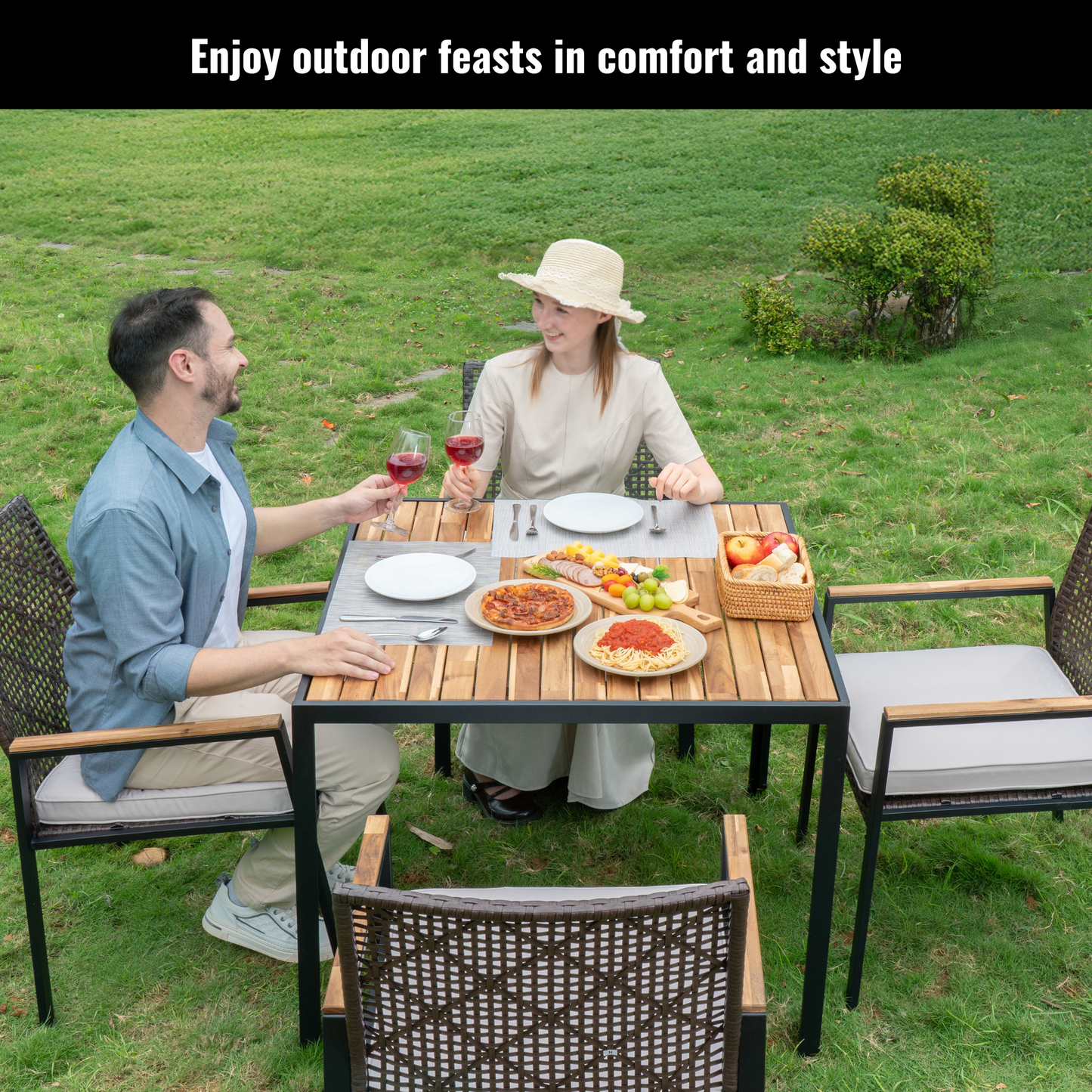 All Weather 5-Piece Patio Dining Table Sets, Patio Conversation Set Acacia Wood Table Top with Umbrella Hole, Rattan Outdoor, Coffee Brown Color