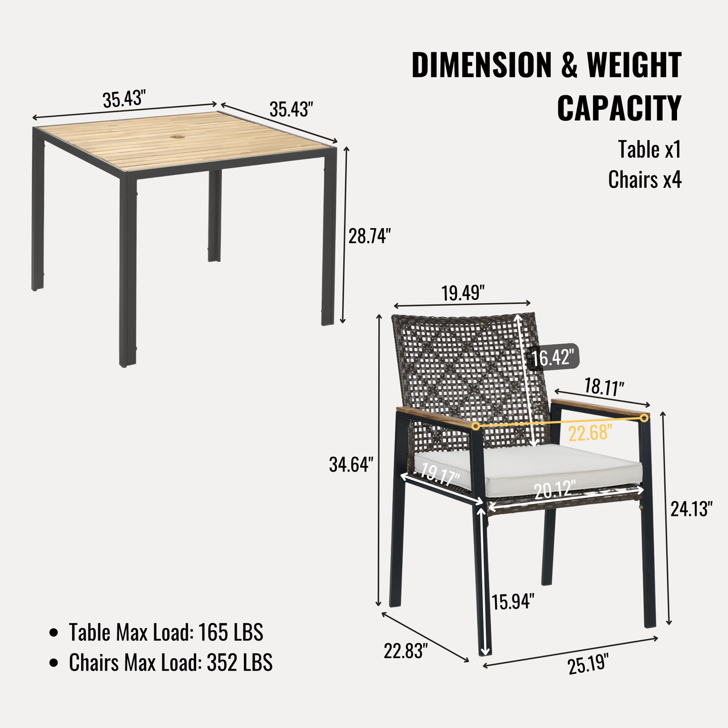 All Weather 5-Piece Patio Dining Table Sets, Patio Conversation Set Acacia Wood Table Top with Umbrella Hole, Rattan Outdoor, Coffee Brown Color