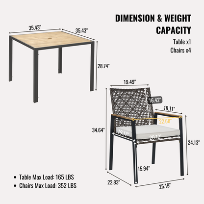 All Weather 5-Piece Patio Dining Table Sets, Patio Conversation Set Acacia Wood Table Top with Umbrella Hole, Rattan Outdoor, Coffee Brown Color