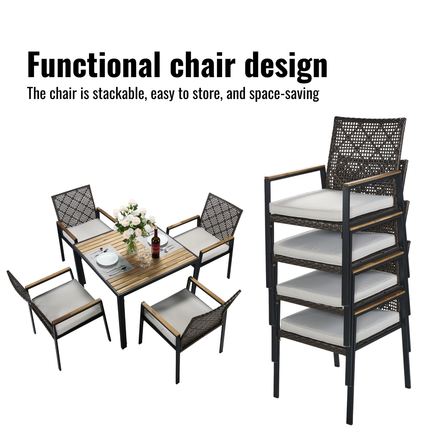 All Weather 5-Piece Patio Dining Table Sets, Patio Conversation Set Acacia Wood Table Top with Umbrella Hole, Rattan Outdoor, Coffee Brown Color