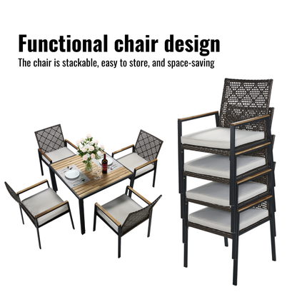 All Weather 5-Piece Patio Dining Table Sets, Patio Conversation Set Acacia Wood Table Top with Umbrella Hole, Rattan Outdoor, Coffee Brown Color