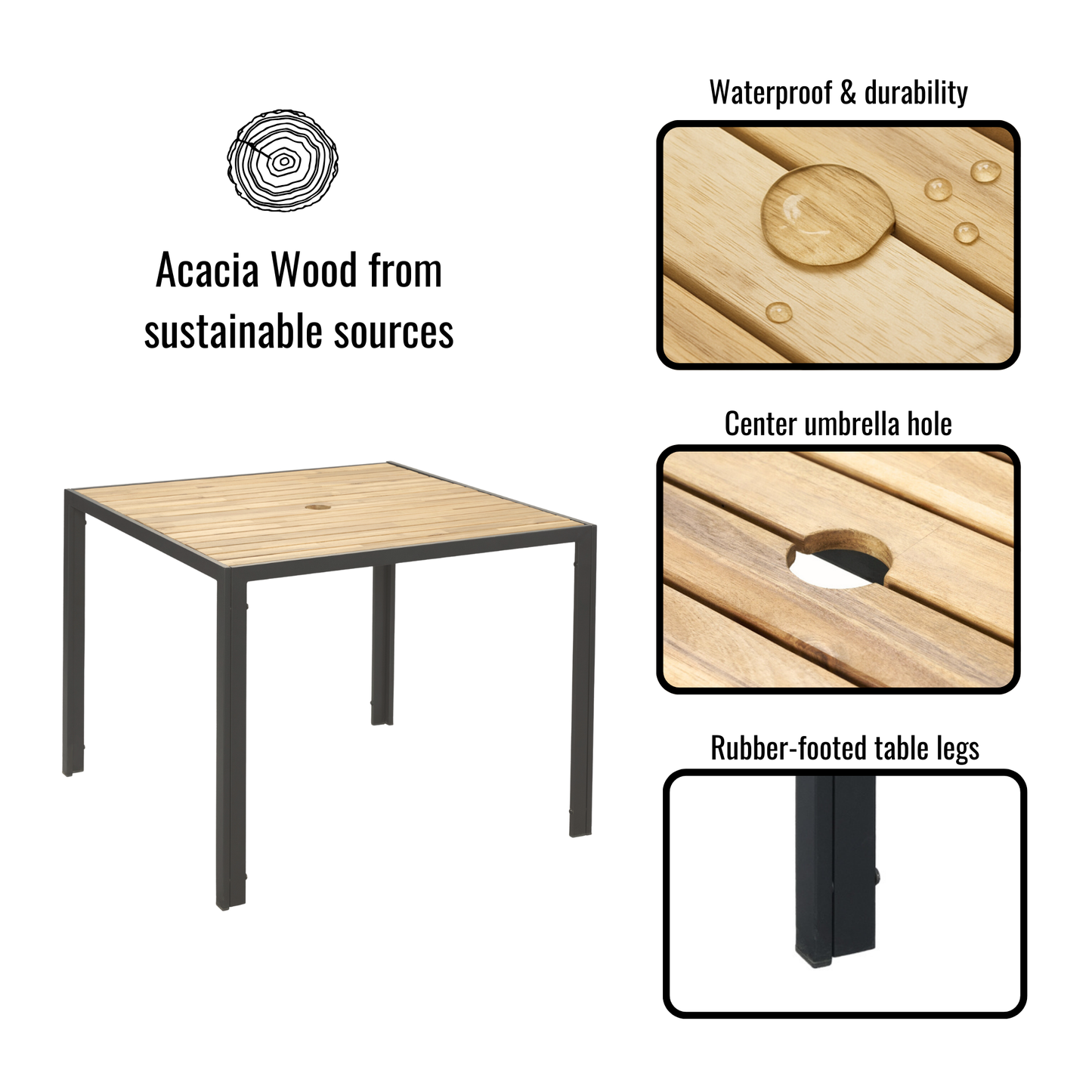 All Weather 5-Piece Patio Dining Table Sets, Patio Conversation Set Acacia Wood Table Top with Umbrella Hole, Rattan Outdoor, Coffee Brown Color