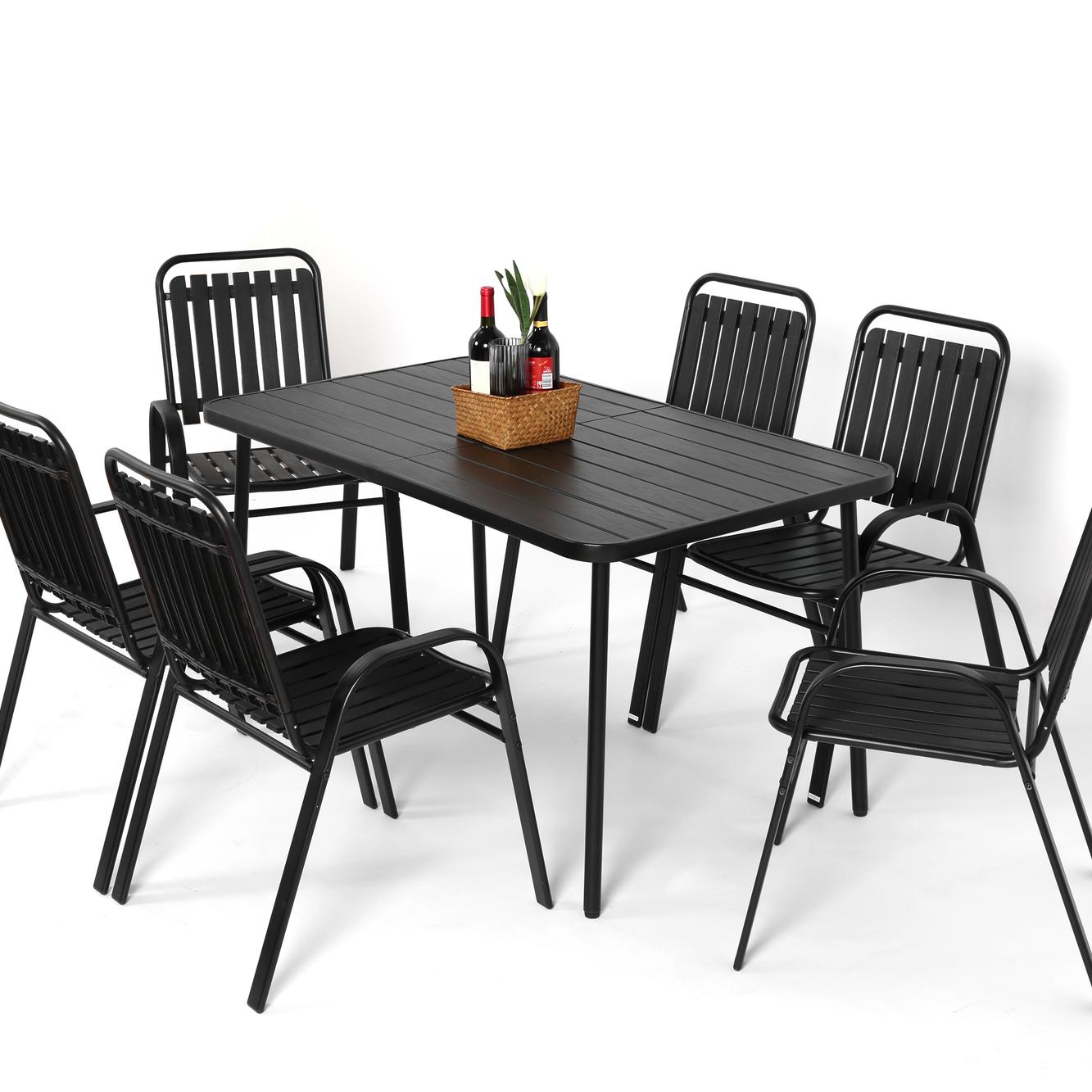 7 Pieces Patio Dining Set, Plastic chair and steel table Outdoor Set, plastic Chairs and Table Set for Garden Patio, Black