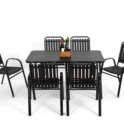 7 Pieces Patio Dining Set, Plastic chair and steel table Outdoor Set, plastic Chairs and Table Set for Garden Patio, Black
