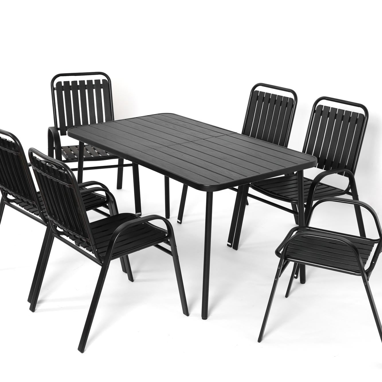 7 Pieces Patio Dining Set, Plastic chair and steel table Outdoor Set, plastic Chairs and Table Set for Garden Patio, Black