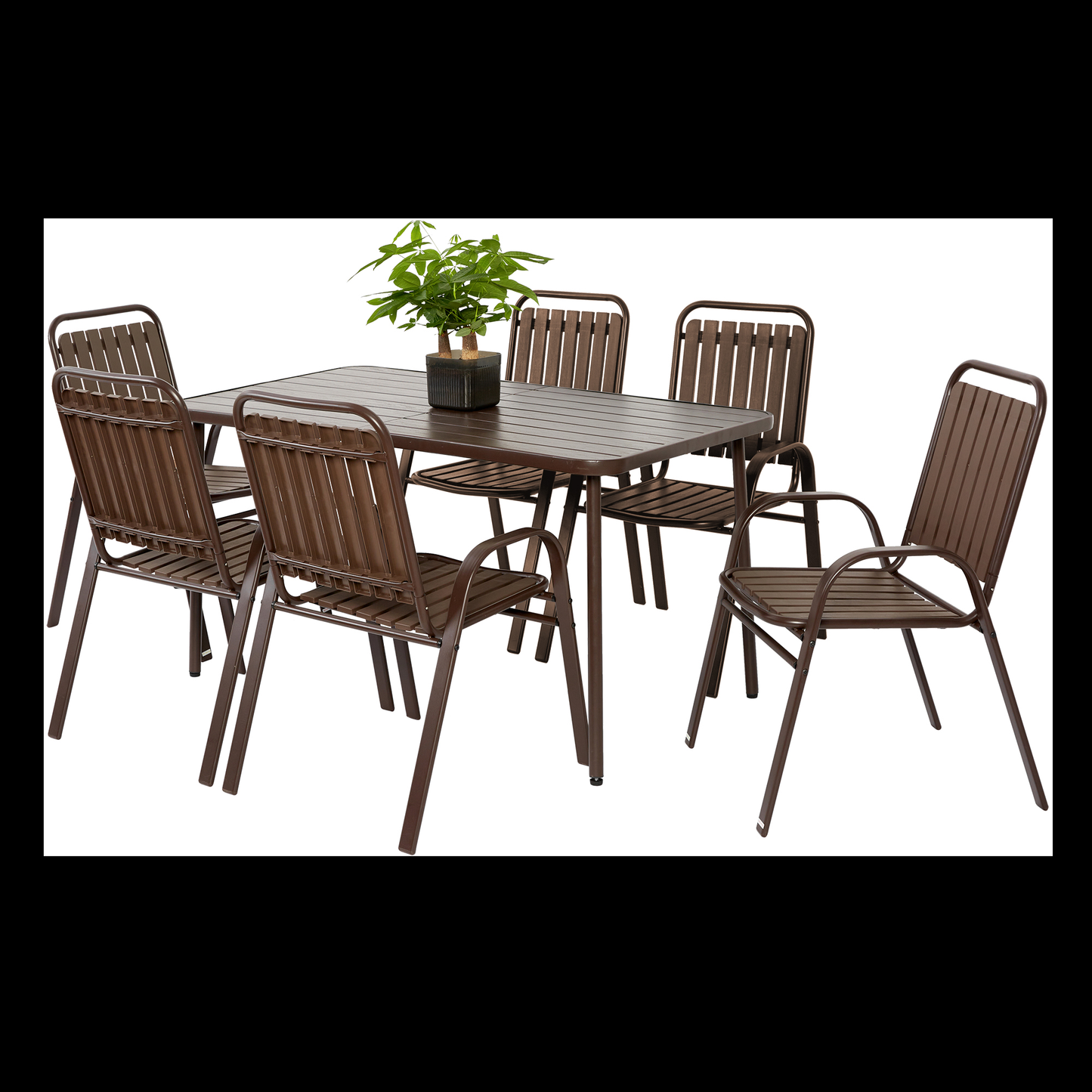 7 Pieces Patio Dining Set, Plastic chair and steel table Outdoor Set, plastic Chairs and Table Set for Garden Patio, Brown