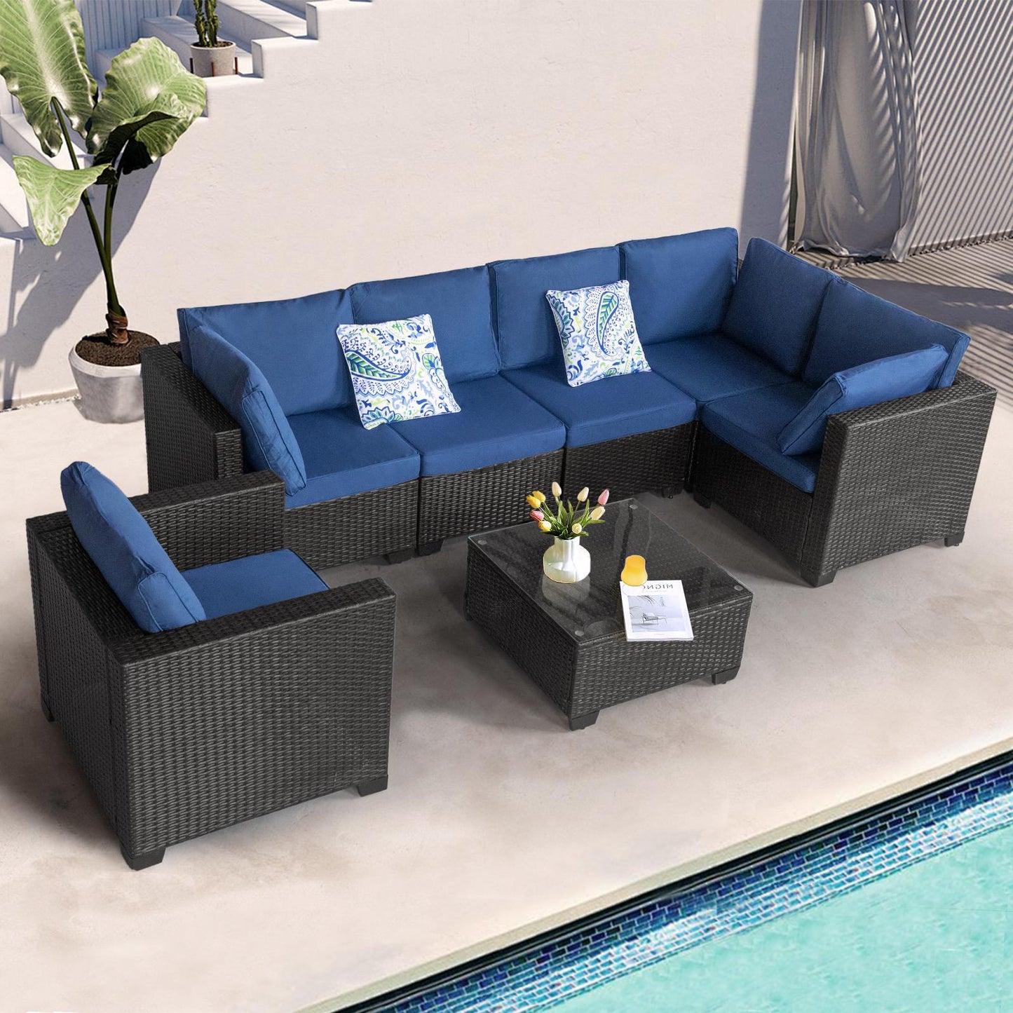 7 Pieces Outdoor Set Furniture Patio Furniture Sets Conversation Sets Balcony Furniture Outdoor Sectional for Outdoor Indoor Backyard Lawn Garden Porch Poolside (Dark Blue)
