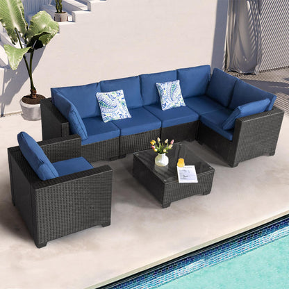7 Pieces Outdoor Set Furniture Patio Furniture Sets Conversation Sets Balcony Furniture Outdoor Sectional for Outdoor Indoor Backyard Lawn Garden Porch Poolside (Dark Blue)