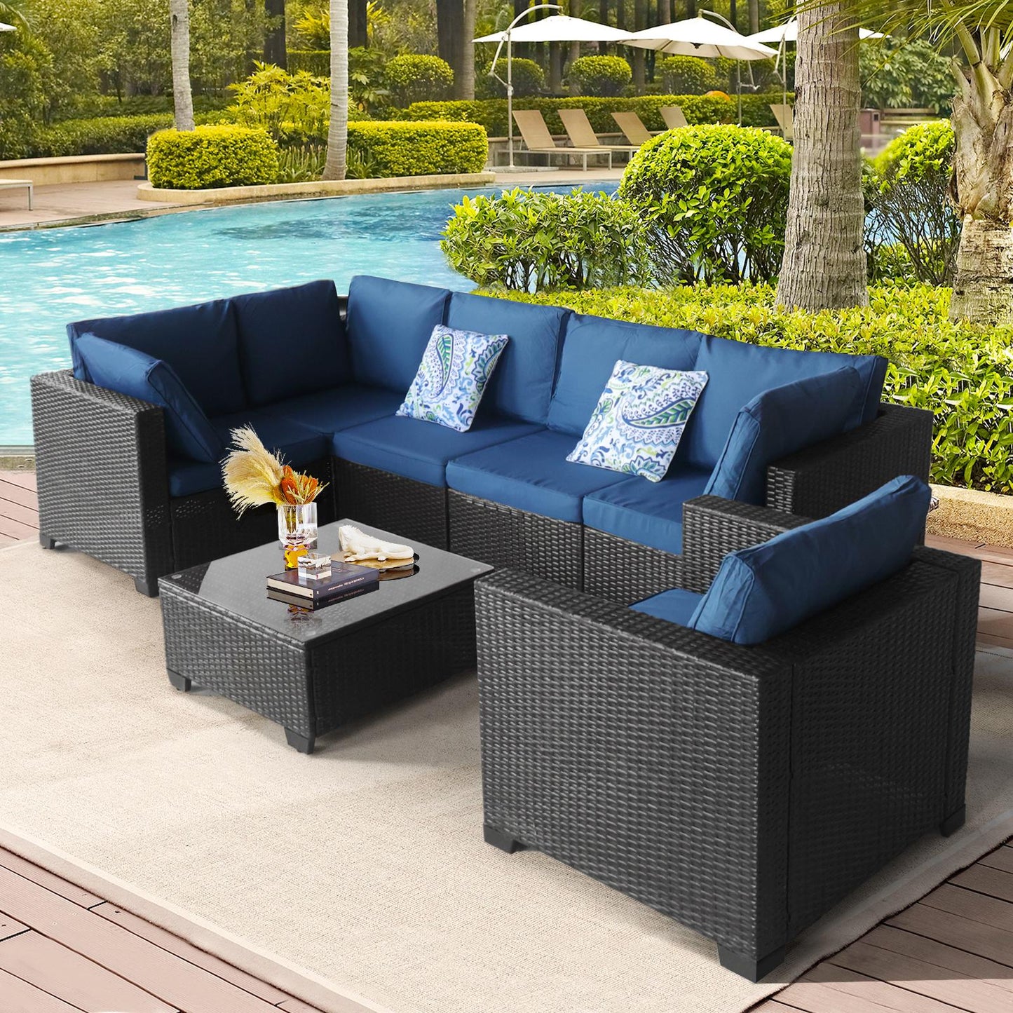 7 Pieces Outdoor Set Furniture Patio Furniture Sets Conversation Sets Balcony Furniture Outdoor Sectional for Outdoor Indoor Backyard Lawn Garden Porch Poolside (Dark Blue)