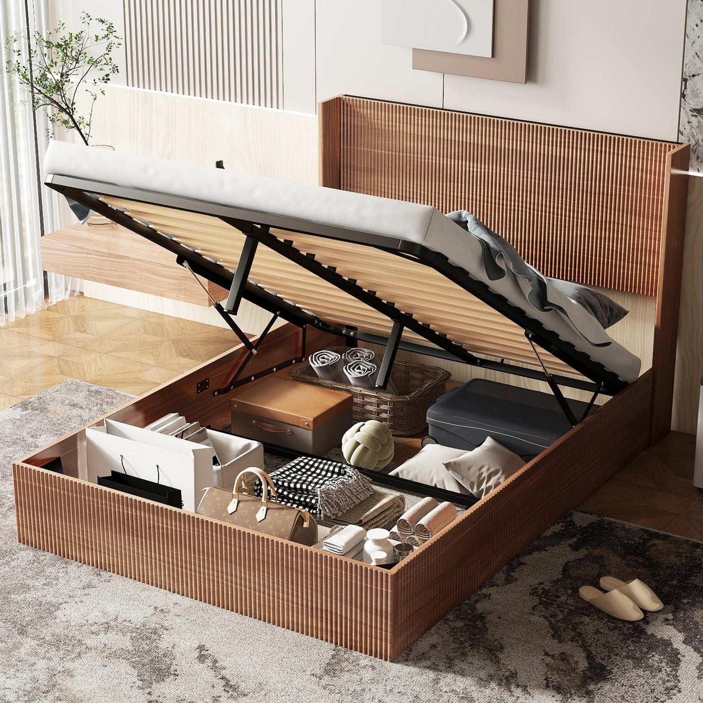 Large grooved undulating lift storage bed frame, wooden platform bed frame with lift storage, no spring box required/no noise, rustic brown slatted natural wood(
Queen)