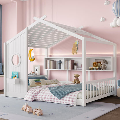 Full Size Floor House Bed for Toddler, Kids Montessori Bed  with Storage Shelf, Playhouse Bed with Roof Design, White