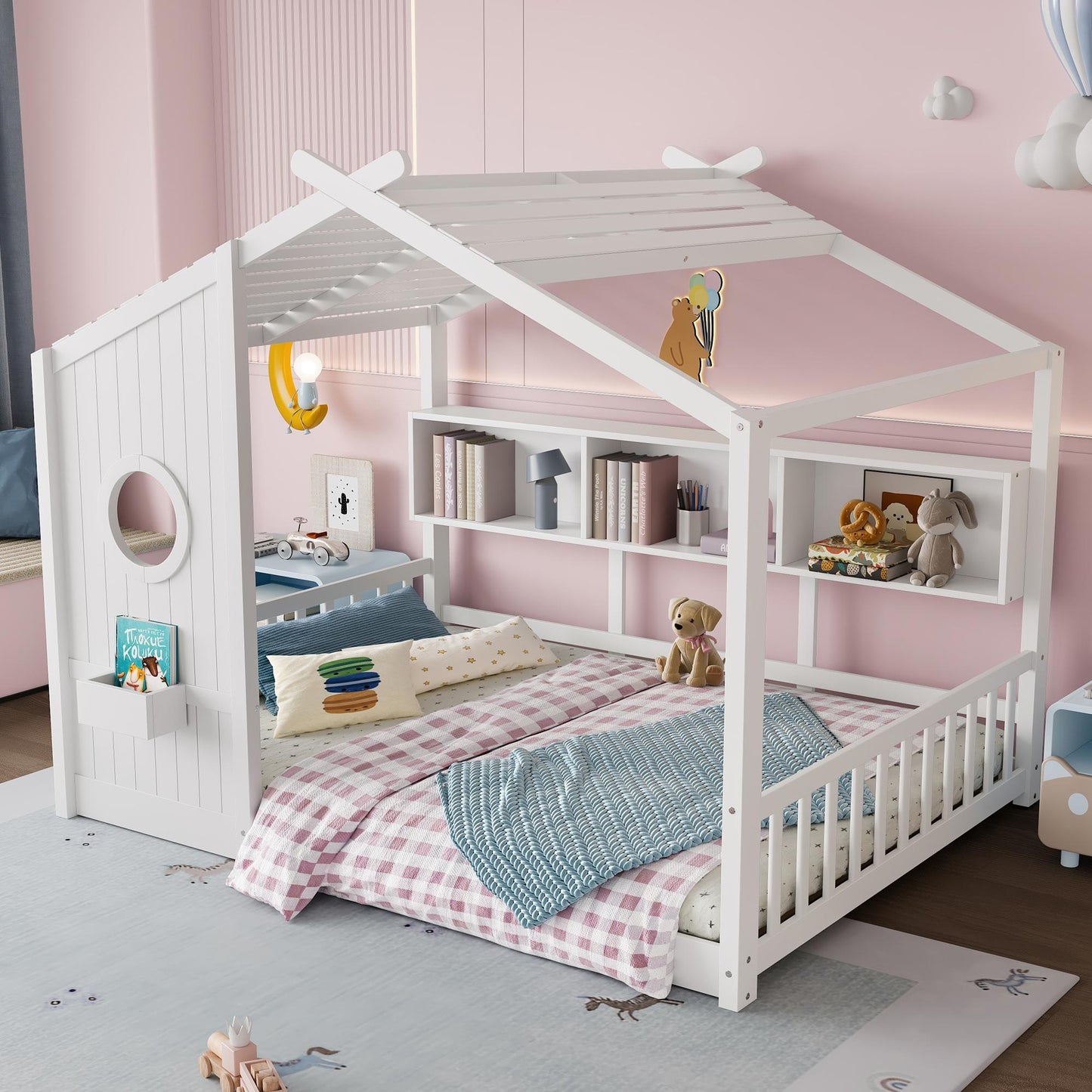 Full Size Floor House Bed for Toddler, Kids Montessori Bed  with Storage Shelf, Playhouse Bed with Roof Design, White