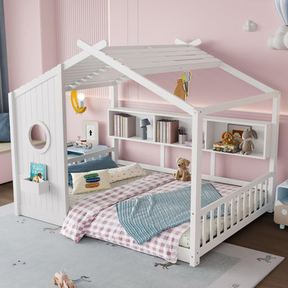 Full Size Floor House Bed for Toddler, Kids Montessori Bed  with Storage Shelf, Playhouse Bed with Roof Design, White