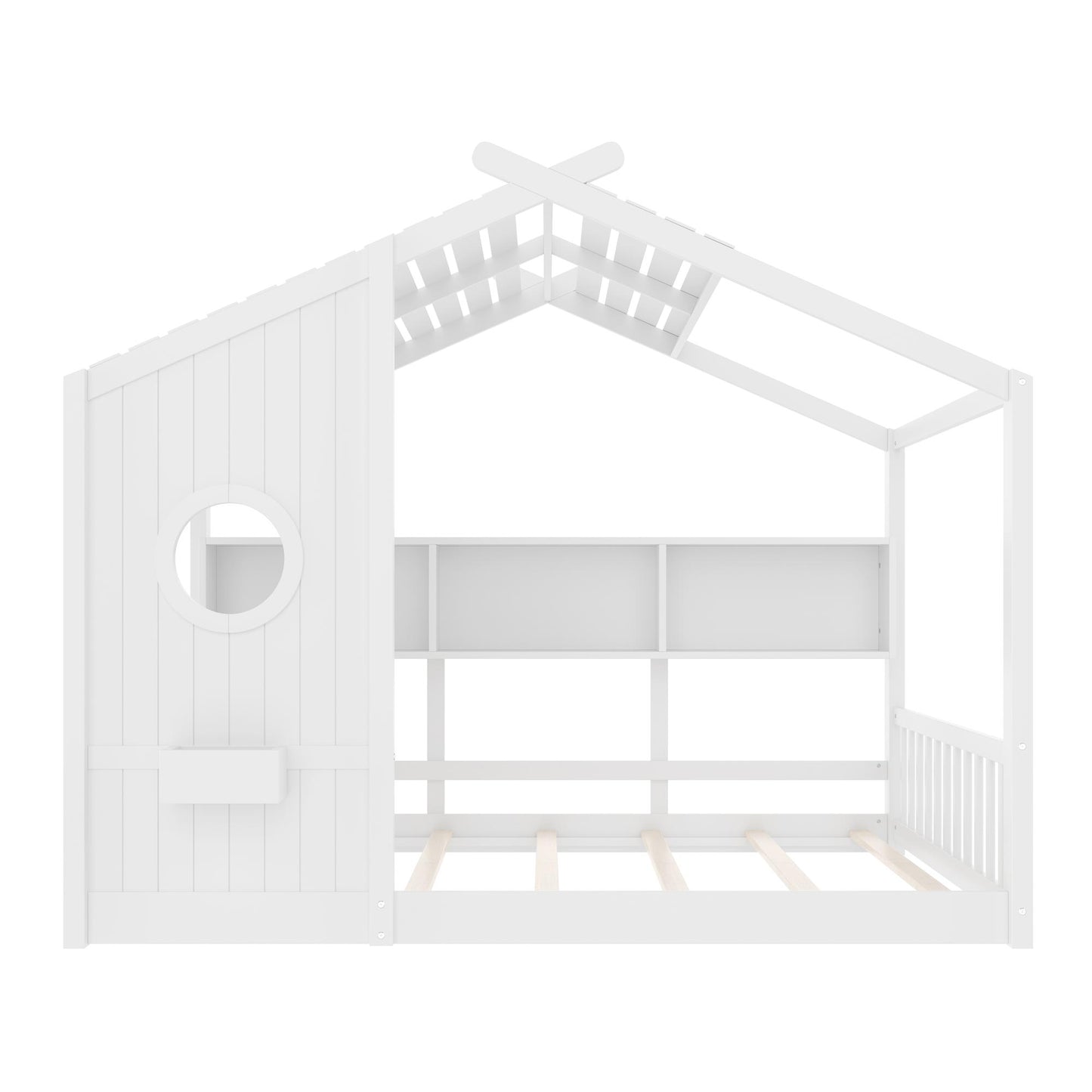 Full Size Floor House Bed for Toddler, Kids Montessori Bed  with Storage Shelf, Playhouse Bed with Roof Design, White