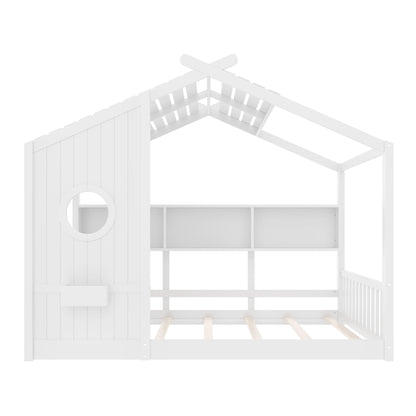 Full Size Floor House Bed for Toddler, Kids Montessori Bed  with Storage Shelf, Playhouse Bed with Roof Design, White