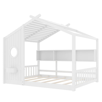 Full Size Floor House Bed for Toddler, Kids Montessori Bed  with Storage Shelf, Playhouse Bed with Roof Design, White