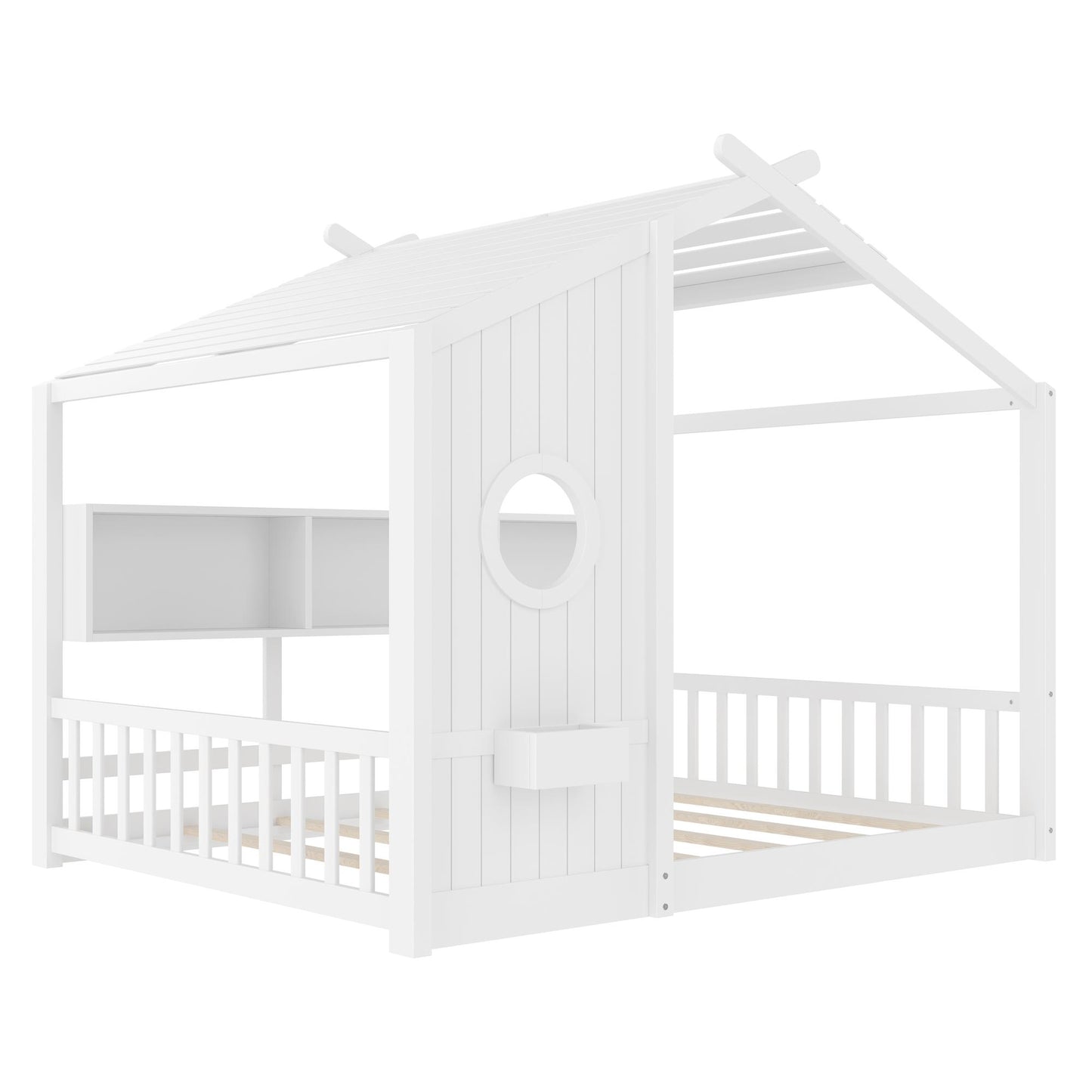 Full Size Floor House Bed for Toddler, Kids Montessori Bed  with Storage Shelf, Playhouse Bed with Roof Design, White