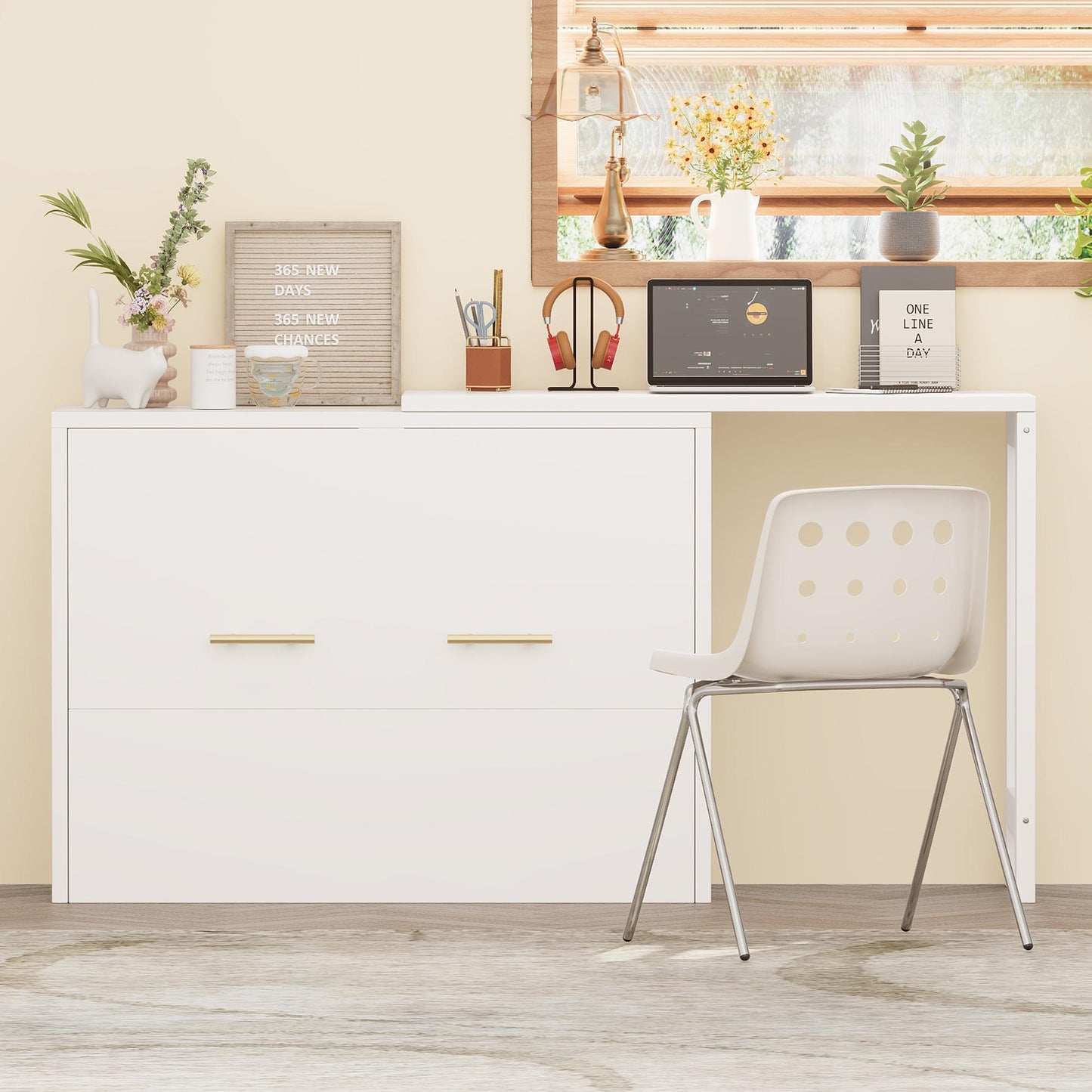 Twin Size Murphy Cabinet Bed with Adjustable Position Desk, Murphy Chest Dresser Bed with Foldable Cushion for Guest Room,Small Space, White