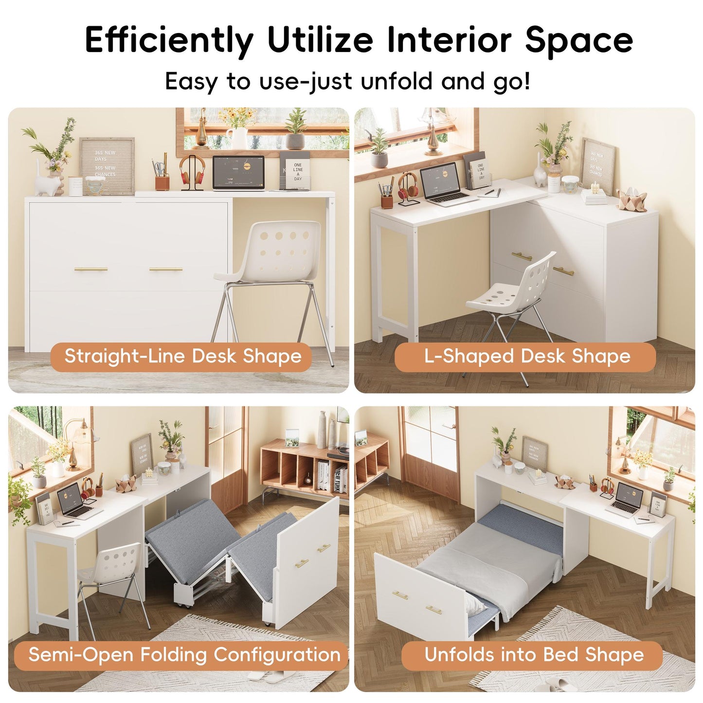 Twin Size Murphy Cabinet Bed with Adjustable Position Desk, Murphy Chest Dresser Bed with Foldable Cushion for Guest Room,Small Space, White