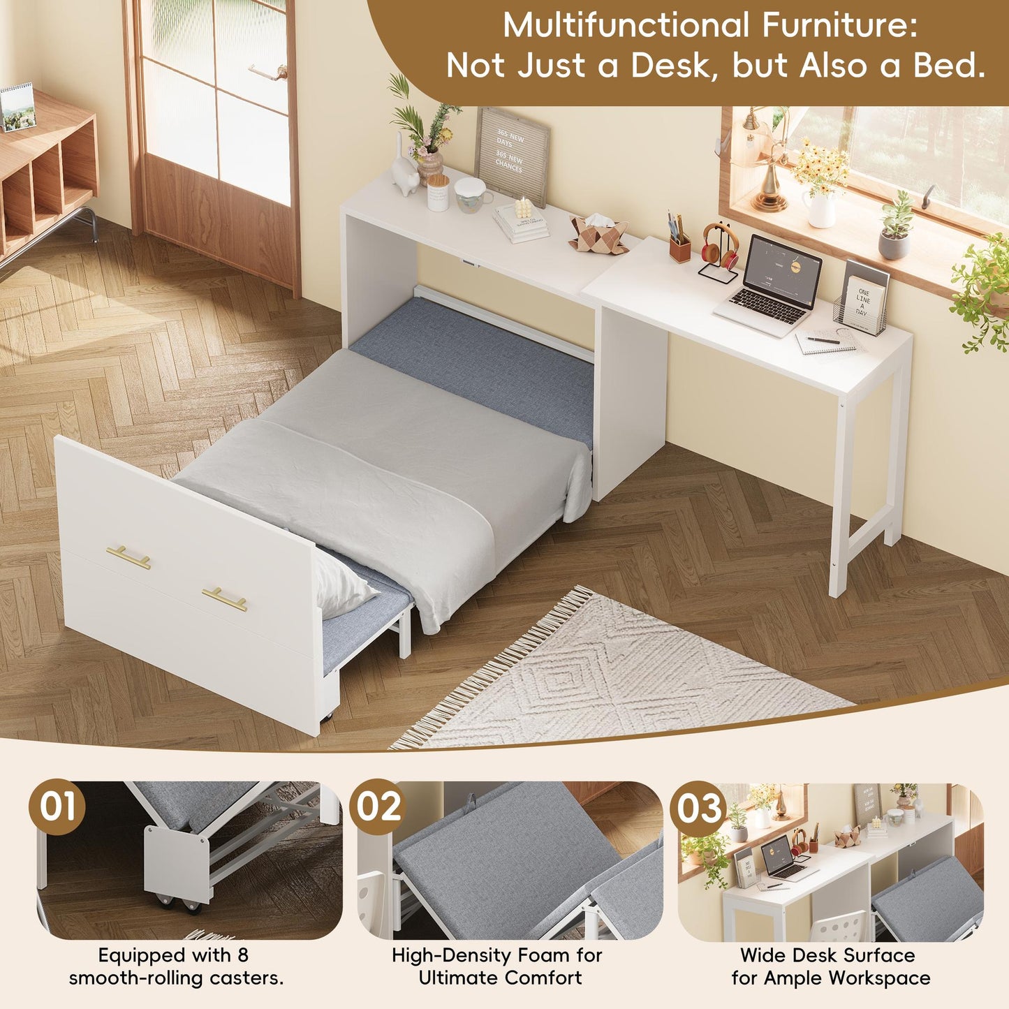 Twin Size Murphy Cabinet Bed with Adjustable Position Desk, Murphy Chest Dresser Bed with Foldable Cushion for Guest Room,Small Space, White