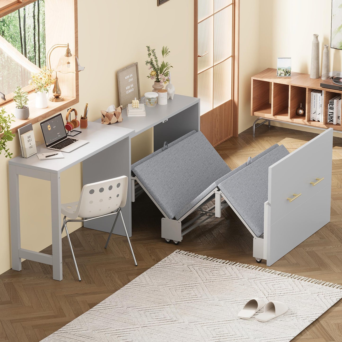 Twin Size Murphy Cabinet Bed with Adjustable Position Desk, Murphy Chest Dresser Bed with Foldable Cushion for Guest Room,Small Space, Gray