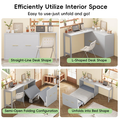 Twin Size Murphy Cabinet Bed with Adjustable Position Desk, Murphy Chest Dresser Bed with Foldable Cushion for Guest Room,Small Space, Gray
