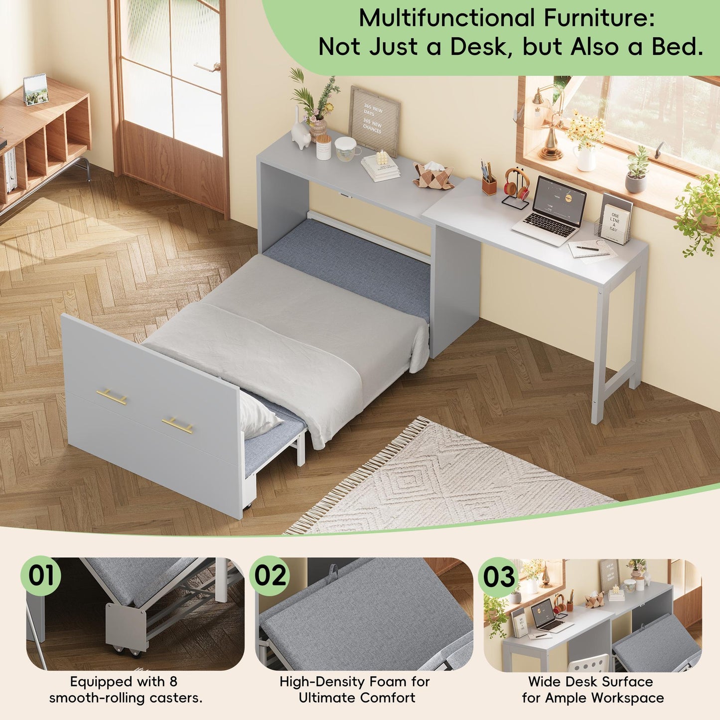Twin Size Murphy Cabinet Bed with Adjustable Position Desk, Murphy Chest Dresser Bed with Foldable Cushion for Guest Room,Small Space, Gray