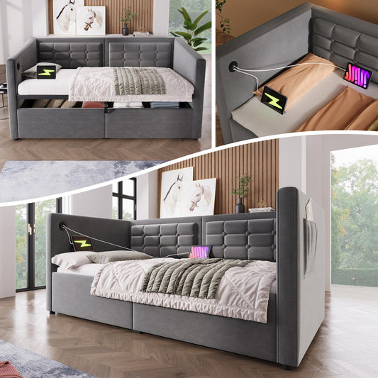 Upholstered Twin Size Daybed, Hydraulic Storage Twin Bed Frame with USB & Type-C Charging, Bed Frame with Wooden Slats and Tufted Sofa Back, Gray, Velvet (Without Mattress)