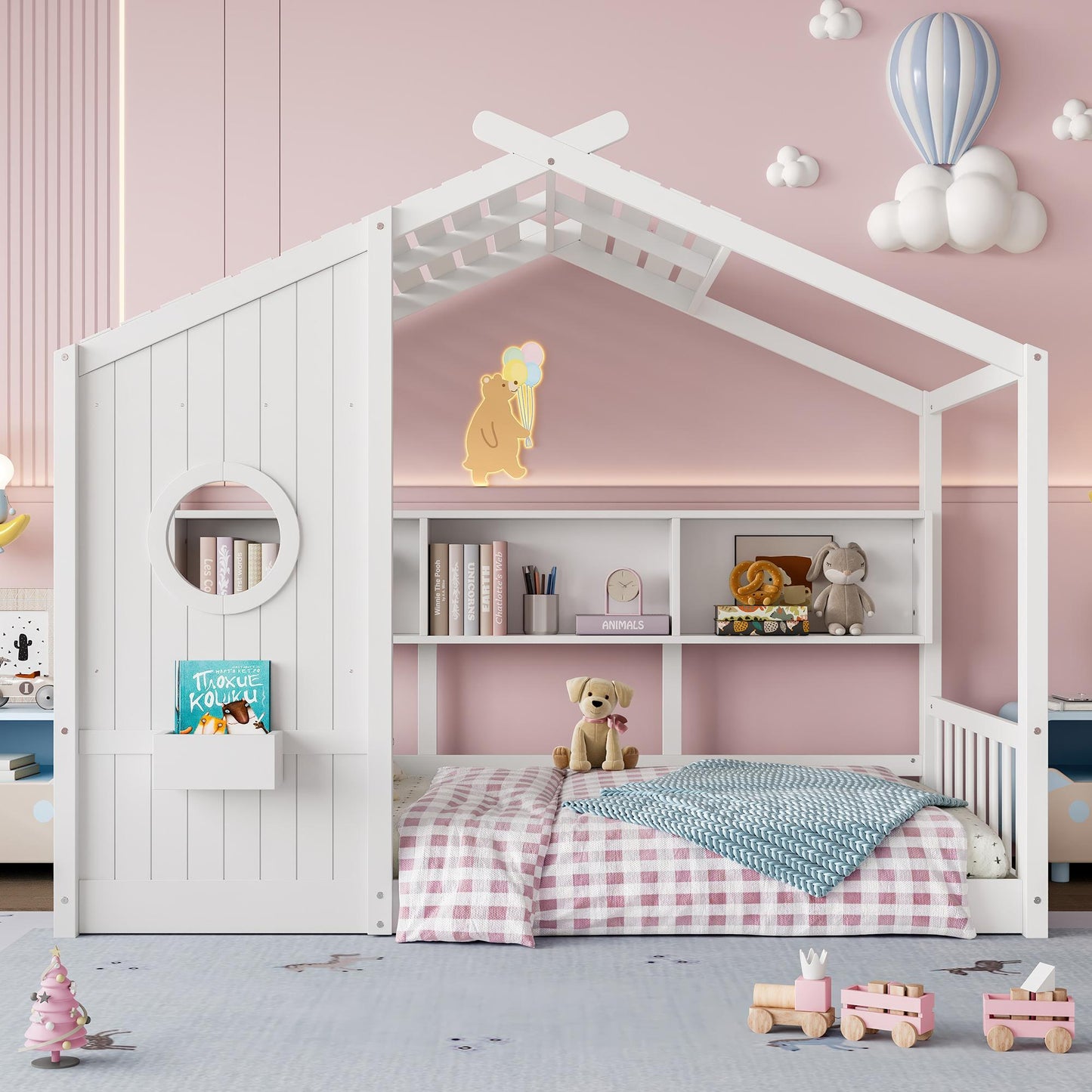 Twin Size Floor House Bed for Toddler, Kids Montessori Bed  with Storage Shelf, Playhouse Bed with Roof Design, White