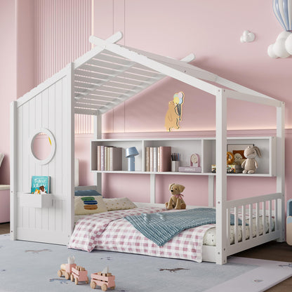 Twin Size Floor House Bed for Toddler, Kids Montessori Bed  with Storage Shelf, Playhouse Bed with Roof Design, White