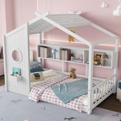Twin Size Floor House Bed for Toddler, Kids Montessori Bed  with Storage Shelf, Playhouse Bed with Roof Design, White