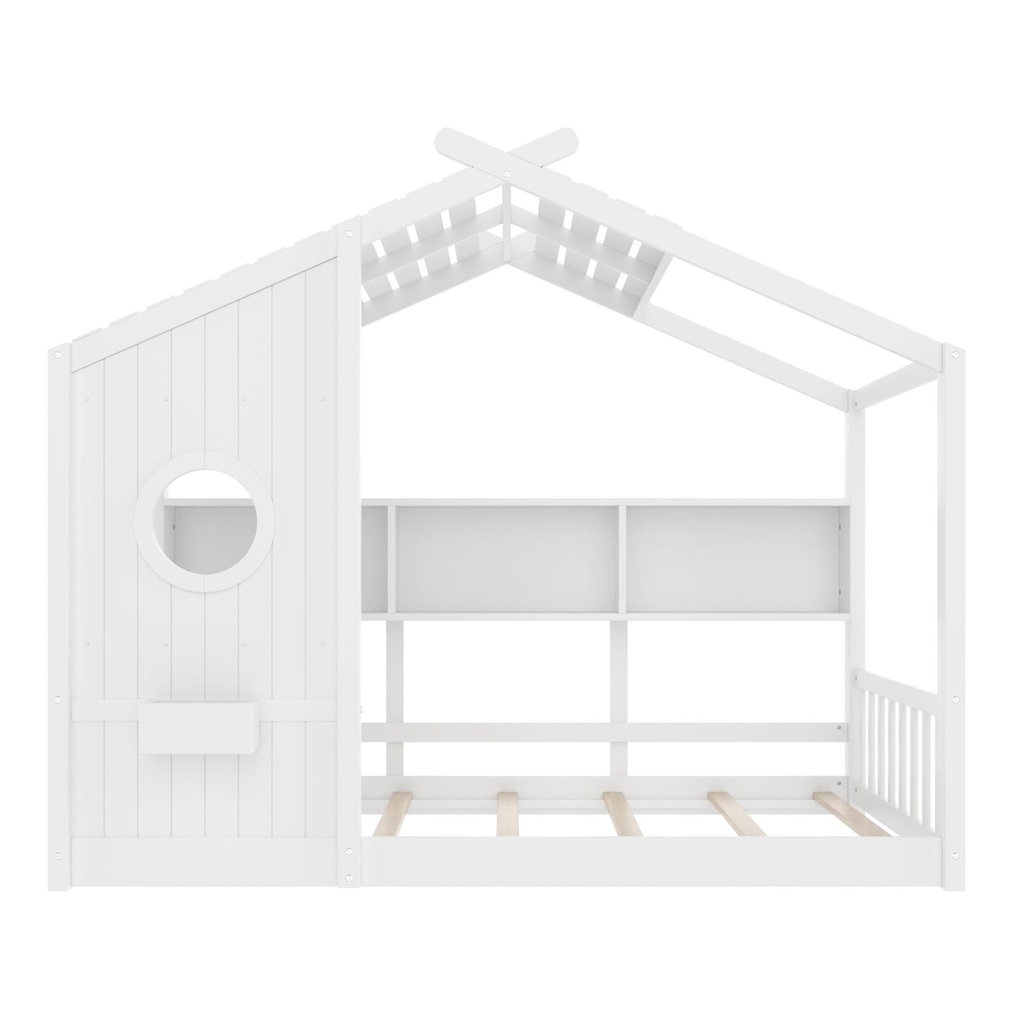 Twin Size Floor House Bed for Toddler, Kids Montessori Bed  with Storage Shelf, Playhouse Bed with Roof Design, White