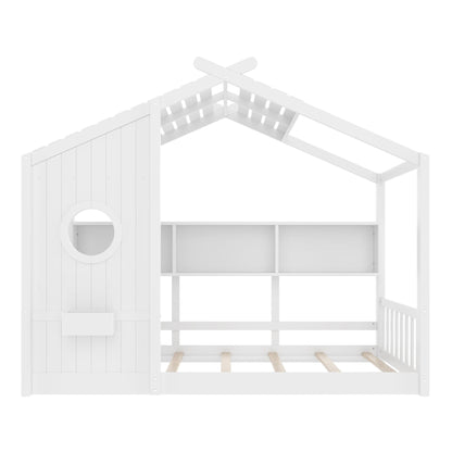 Twin Size Floor House Bed for Toddler, Kids Montessori Bed  with Storage Shelf, Playhouse Bed with Roof Design, White
