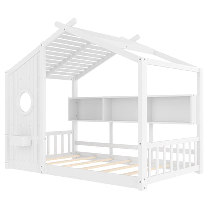 Twin Size Floor House Bed for Toddler, Kids Montessori Bed  with Storage Shelf, Playhouse Bed with Roof Design, White