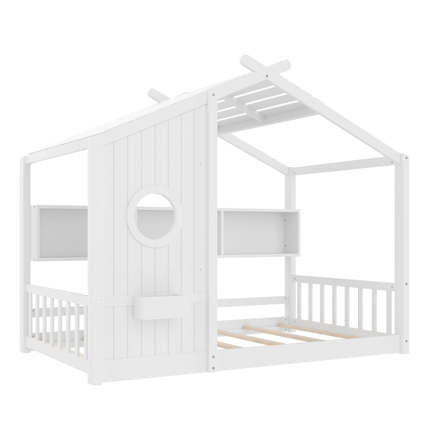 Twin Size Floor House Bed for Toddler, Kids Montessori Bed  with Storage Shelf, Playhouse Bed with Roof Design, White