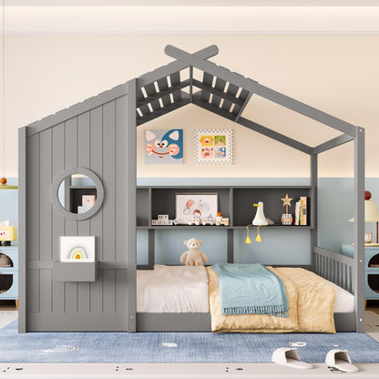 Full Size Floor House Bed for Toddler, Kids Montessori Bed  with Storage Shelf, Playhouse Bed with Roof Design, Gray