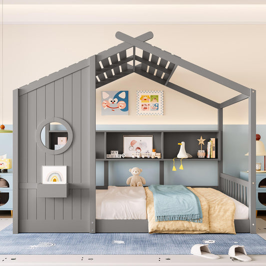 Full Size Floor House Bed for Toddler, Kids Montessori Bed  with Storage Shelf, Playhouse Bed with Roof Design, Gray