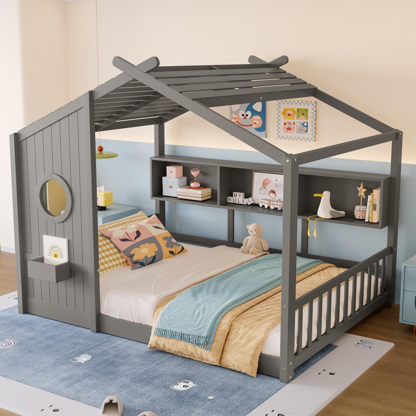 Full Size Floor House Bed for Toddler, Kids Montessori Bed  with Storage Shelf, Playhouse Bed with Roof Design, Gray