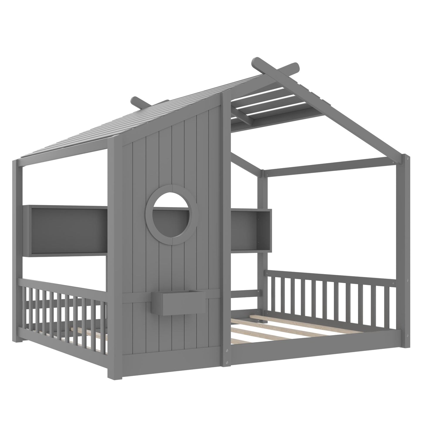 Full Size Floor House Bed for Toddler, Kids Montessori Bed  with Storage Shelf, Playhouse Bed with Roof Design, Gray