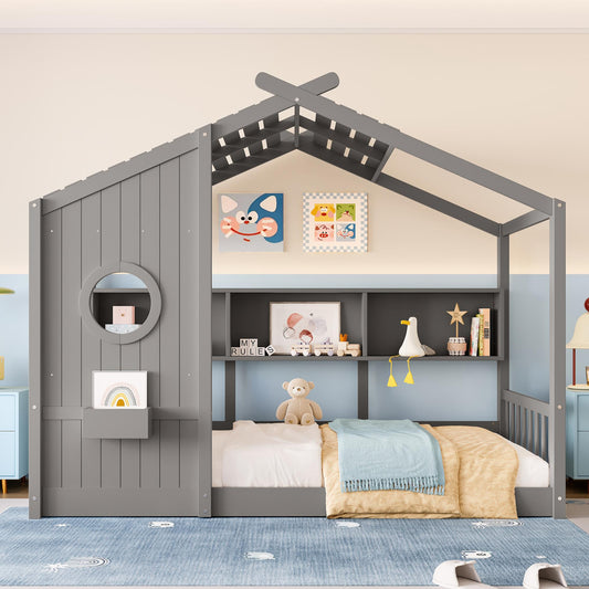 Twin Size Floor House Bed for Toddler, Kids Montessori Bed  with Storage Shelf, Playhouse Bed with Roof Design, Gray