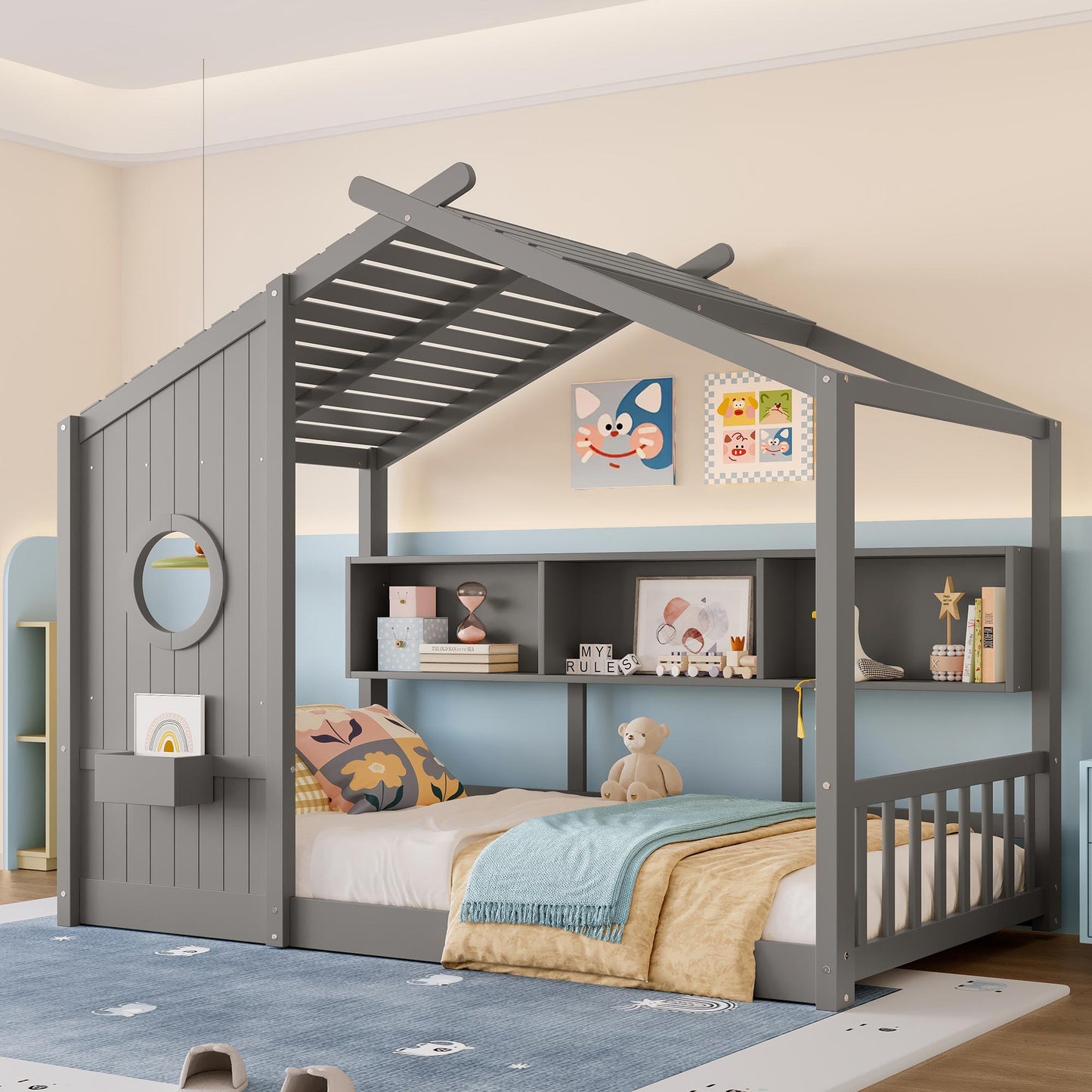 Twin Size Floor House Bed for Toddler, Kids Montessori Bed  with Storage Shelf, Playhouse Bed with Roof Design, Gray