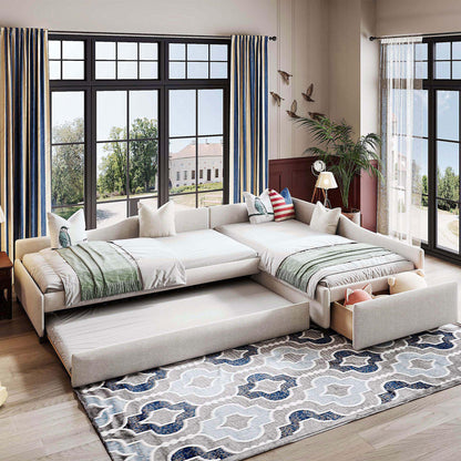 Upholstered Double Twin Size Daybed with Trundle and Drawer, Beige