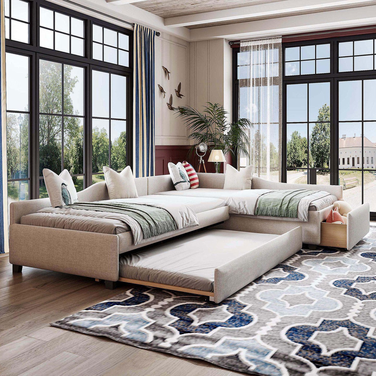 Upholstered Double Twin Size Daybed with Trundle and Drawer, Beige