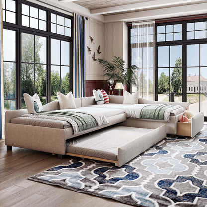 Upholstered Double Twin Size Daybed with Trundle and Drawer, Beige