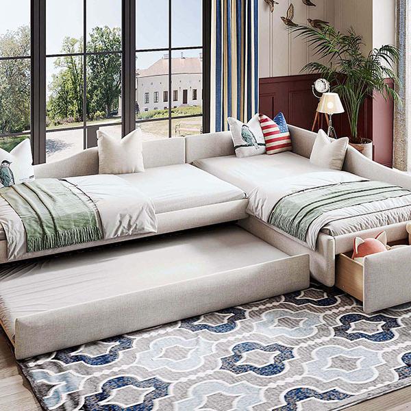 Upholstered Double Twin Size Daybed with Trundle and Drawer, Beige