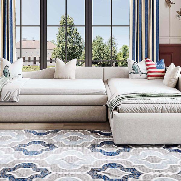 Upholstered Double Twin Size Daybed with Trundle and Drawer, Beige