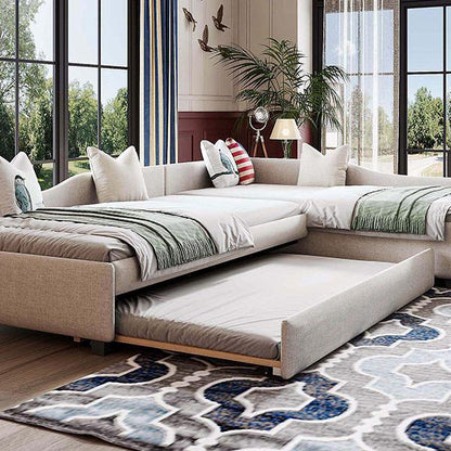 Upholstered Double Twin Size Daybed with Trundle and Drawer, Beige