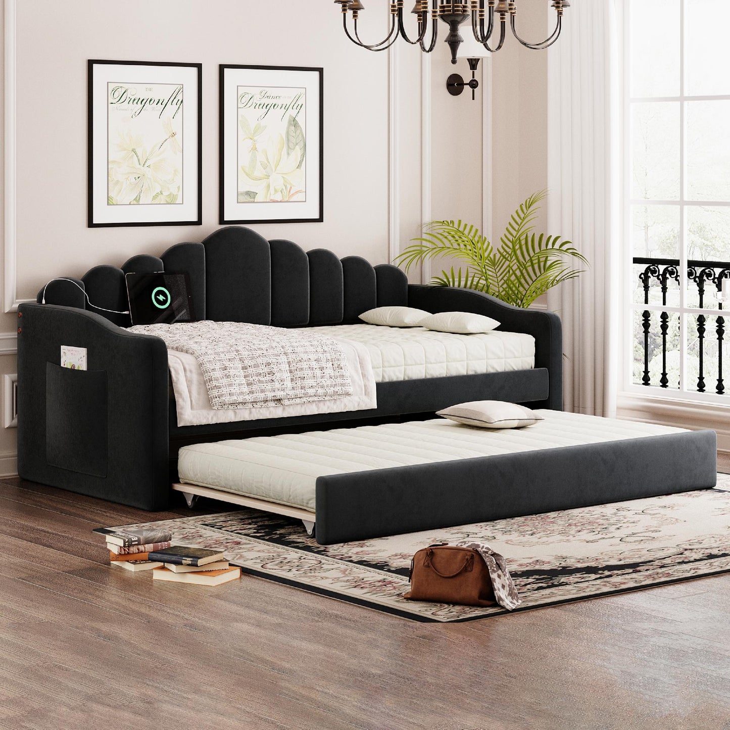 Twin size Upholstered Daybed with Trundle ,Velvet Sofabed with USB Charging Ports,No Box-spring Needed,Black