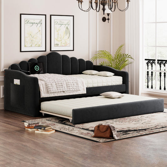 Twin size Upholstered Daybed with Trundle ,Velvet Sofabed with USB Charging Ports,No Box-spring Needed,Black